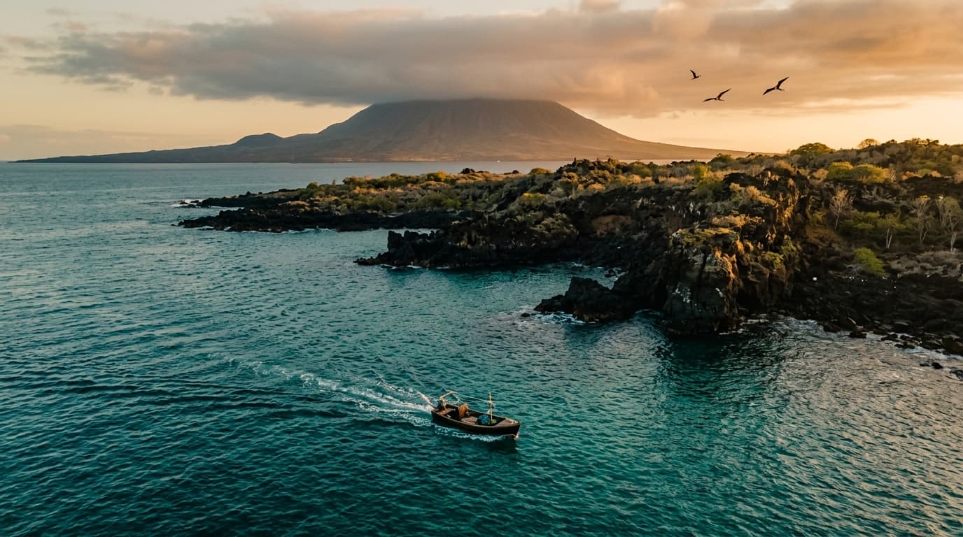 A wooden boat slicing through turquoise Galápagos waters at golden hour